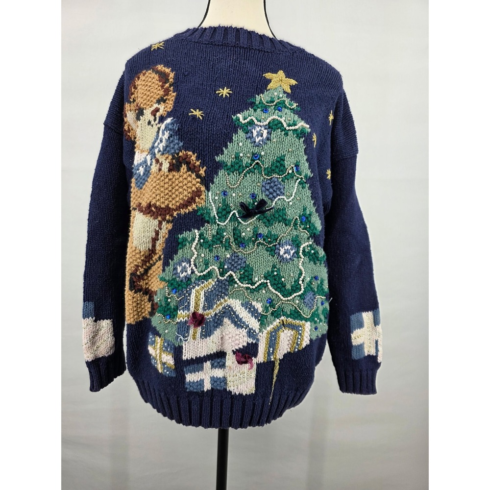 Paris Smith Vintage Christmas Sweater Angel Bear Tree Beaded Navy Blue Medium